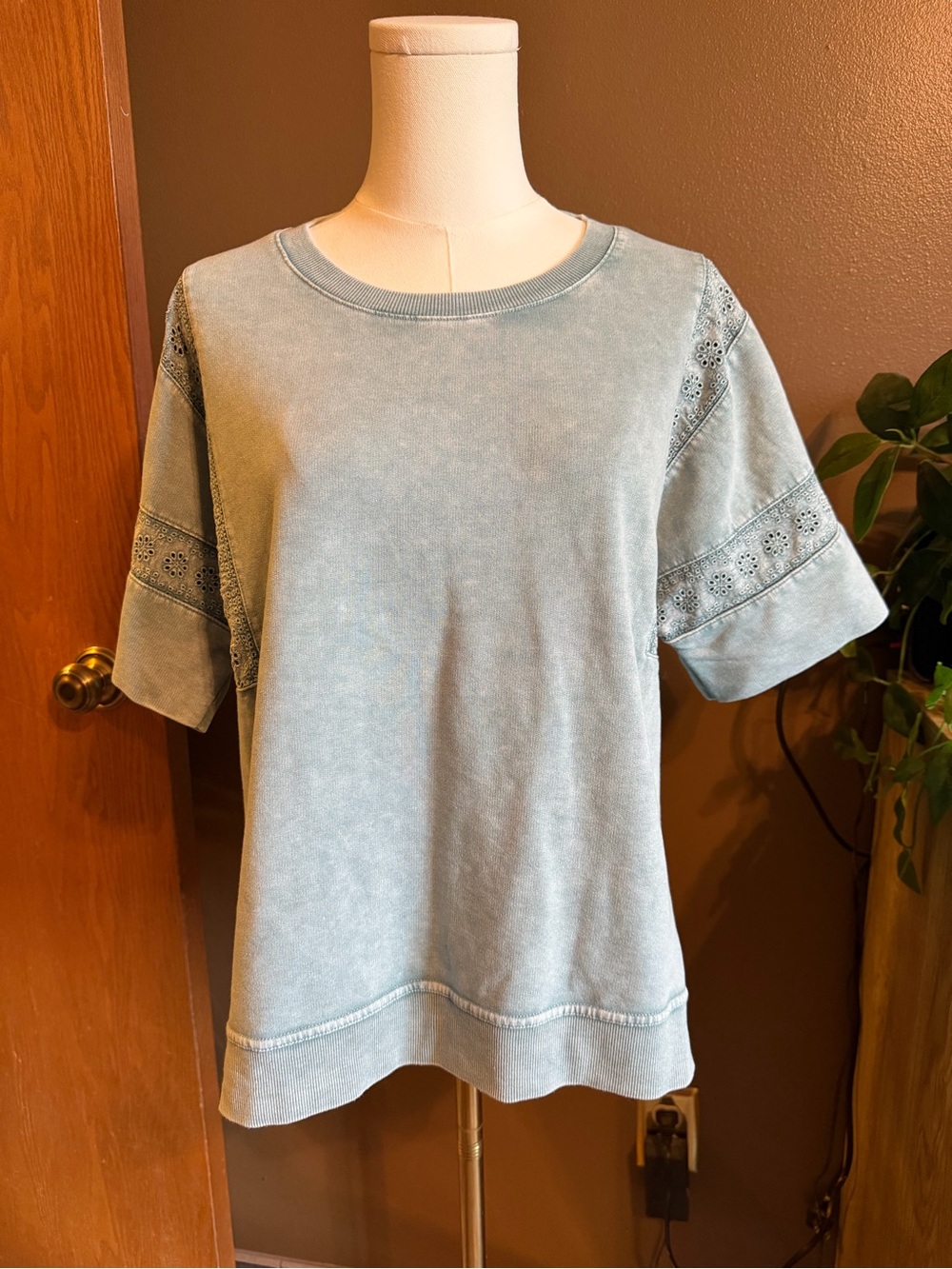 Jane and Delancey Washed Light Blue Eyelet Sleeve Tee